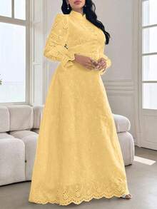Modelyn Plus Size Women French Style Mandarin Collar Embroidered Puff Sleeve Dress - Yellow - View 7