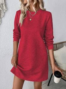 EMERY ROSE Plus Size Women Crew Neck Long Sleeve Casual Dress, Autumn/Winter - Red - View 1