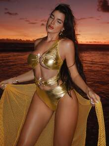 SHEIN Swim SXY 2件套女士新款连体泳衣，带闪亮镂空网纱裙摆，春夏泳装套装 - 金色 - 查看 2