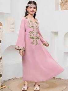 SHEIN 少女V领长袖宽松连衣裙，饰有贴花装饰 - 粉色 - 查看 3