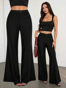 SHEIN PETITE Mùa Xuân & Hè Nữ Lãng Mạn/Dự Tiệc/Trang Trọng/Sinh Nhật/Phong Cách Thập Niên 90/Công Sở Thường Ngày/Thanh Lịch/Phong Cách Miền Tây/Đi Chơi/Thời Trang/Thường Ngày/Phong Cách Năm 2000/Câu lạc bộ/Văn Phòng/Tiệc Cocktail/Cổ Điển/Ôm sát/Tiệc Rave/Vui nhộn/Sang trọng/Phong cách quý tộc/Thời trang đường phố/Kỳ nghỉ/Buổi hòa nhạc đồng quê/Công sở/Kín đáo/Nghỉ xuân/Tiệc độc thân/Buổi hòa nhạc/Phong cách cá tính/Cơ bản/Lễ tốt nghiệp/Cạp thấp/Ống thẳng/Ống rộng/Ống loe/Quần - màu đen - Xem 3