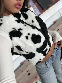 SHEIN EZwear Women's Cow Print Cropped Zip-Up Lightweight Fleece Jacket In Fall/Winter - Black and White - View 5