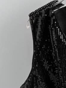 SHEIN LUNE Vestă versatilă la modă cu paiete pentru femei, cu un singur nasture, cu paiete, vestă neagră cu stras, vestă neagră pentru femei, top negru cu paiete, top negru strălucitor, jachetă neagră, top cu paiete, iarnă pentru femei, Ziua Îndrăgostiților, Ziua Îndrăgostiților pentru femei, primăvară, vacanțe de primăvară, primăvară - Negru - Vizualizare 4