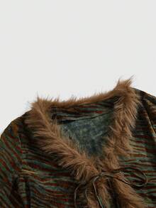 ROMWE Hippie Elf Animal Print Velvet Patchwork Fuzzy Women Top - Multicolor - View 3