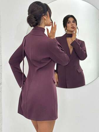 Firerie Women's Elegant Daily Urban Commute Fashion Dress, Burgundy Long Sleeve V-Neck Tie Collar Cinched Waist A-Line Fitted Suit Dress Skirt, Spring Autumn Winter Dress, Formal Occasion, Office Workwear, Women's Teacher Uniform, Elegant Commute, New Ladies Dress