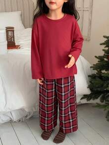 DAZY Young Girl Solid Color Round Neck Drop Shoulder Long Sleeve T-Shirt And Plaid Wide Leg Pants Loungewear Set