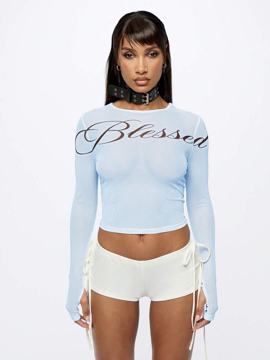 SUMWON WOMEN Long Sleeve Graphic Mesh Top With Script Text Print Round Neckline Fitted Cropped Style - Baby Blue - View 1
