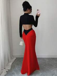 Elenzga Elegant Sexy Party Dress With Pearl Decor & Cutout Design, Autumn/Winter - Red - View 6