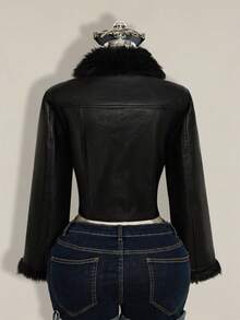 SHEIN ICON 秋冬季加大码棕色PU皮领拼接短外套 - 黑色 - 查看 2