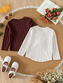 SHEIN Girls' Casual Loose Fit Solid Color Round Neck Long Sleeve T-Shirt, Comfortable And Fashionable, Suitable For Travel, Spring/Autumn - Multicolor - View 2