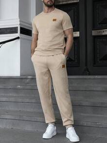 Manfinity CasualCool Bộ áo thun cổ tròn tay ngắn thường ngày cho nam, chất vải thoải mái và thoáng khí, mùa hè - Màu be - Xem 3