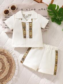 SHEIN Newborn Baby Boy Short Sleeve Geometric Pattern Set,Gold Summer Wedding Guest Party Wear Baptism Outfits,Designer Church Clothes Casual Outfit - Multicolor - View 8