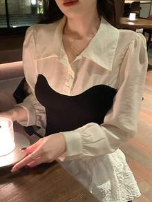 DAZY 女士翻领撞色长袖修身韩版衬衫 - 黑色 - 查看 7