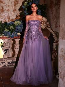 Glamrae 优雅奢华仿珍珠亮片露肩透视长袖镂空贴花超大A字网纱连衣裙，腰部系带可调节，适合约会、婚礼、正式场合、情人节等场合。 - 淺灰紫 - 查看 2