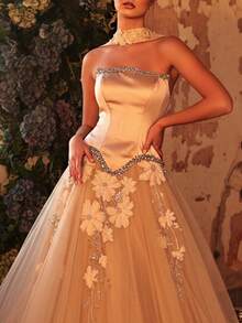 Glamrae Váy maxi dáng chữ A thêu hoa 3D thanh lịch dành cho nữ, thích hợp cho các buổi tiệc trang trọng. - Màu be - Xem 2