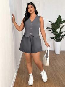 SHEIN EZwear 大码春夏休闲通勤纯色背心短裤套装，商务休闲女装毕业季、返校季、秋冬教师装 - 深灰色 - 查看 4