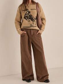 SHEIN EZwear 大码女式休闲骑士图案圆领长袖毛衣，秋冬款 - 杏色 - 查看 4