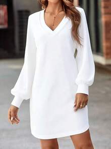 SHEIN New Style Black V-Neck Lantern Sleeve Casual Dress, Autumn - White - View 4