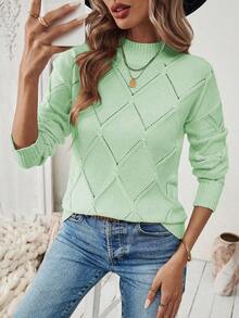 SHEIN LUNE Women's Solid Color Minimalist Casual Long Sleeve Fitted Pullover Sweater - Green - View 5