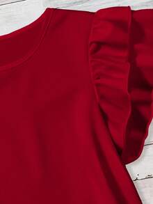 Mellowie 女士纯色圆领短袖荷叶边下摆优雅衬衫 - 紅色 - 查看 5