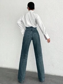 SHEIN Tall Quần jean ống đứng cạp cao thường ngày - Màu xanh bụi bặm - Xem 2