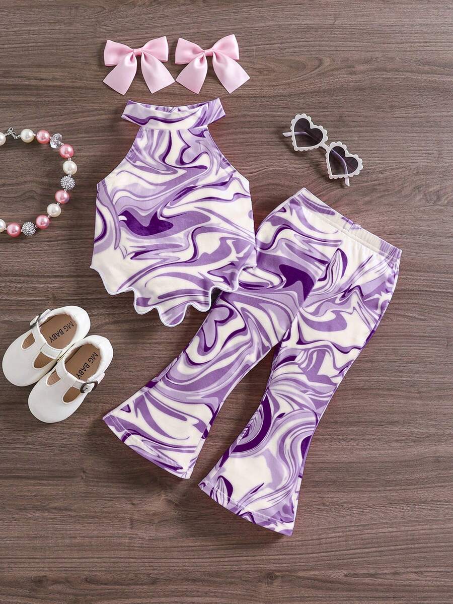 SHEIN Baby Girl Marble Print Asymmetric Hem Halter Top And Flare Pants Set - Purple - View 1