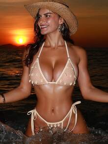 Swim SXY 2pcs/Set New Mesh Fabric Bikini Set With Multiple Shell Decorations, Halter Neck, Sexy & Elegant, Suitable For Beach, Pool, Party, Christmas, Women's Swimwear - Khaki - View 5