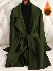 SHEIN PETITE Women's Notched Collar Belted Twist Design Fashionable Versatile Wool Blend Long Sleeve Coat, Suitable For Autumn/Winter Outings - Dark Green - View 1