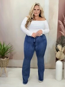 Hourglow Große Größen Jeans mit Knopfleiste und ausgestelltem Schnitt, lässiger Alltags-Tragekomfort - Dunkle Waschung - Übersicht 3