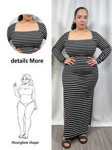 Hourglow 女士秋季服装，冬季加大码休闲条纹修身开衩长袖连衣裙 - 黑色 - 查看 7