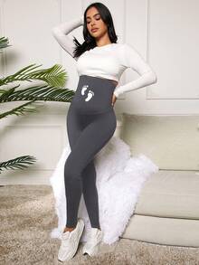 SHEIN Maternity Knitted Adjustable Waist Long High Waist Leggings - Dark Grey - View 4
