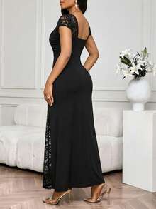 SHEIN Lady Váy dự tiệc ren chắp vá thanh lịch dành cho nữ - màu đen - Xem 2