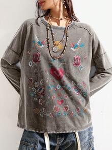 Bohemela Áo thun nữ cổ tròn tay dài dệt kim màu trơn thêu họa tiết thường ngày - Xám - Xem 1