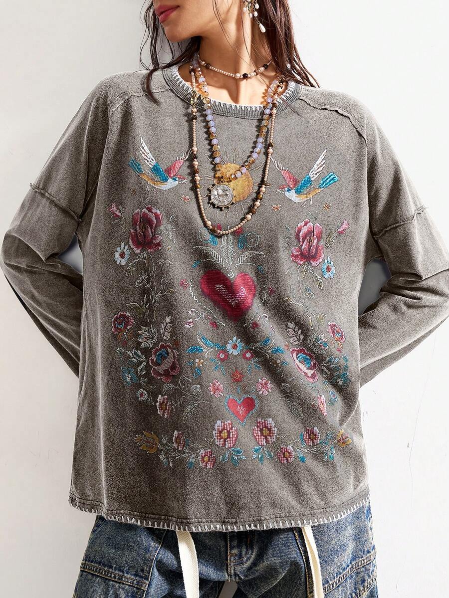 Bohemela Áo thun nữ cổ tròn tay dài dệt kim màu trơn thêu họa tiết thường ngày - Xám - Xem 1