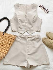 Comfortcana Ladies' Single-Breasted Suit Vest And Shorts Set In Fall/Winter - Apricot - View 3