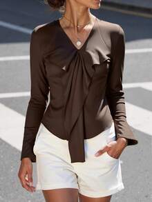 Chiquease New Women's Fashion, Elegant, Versatile, French-Style Ruffled Ribbon Halter Neck V-Neck Top For Early Autumn, Featuring An Irregular Design And Comfortable Fabric. - Coffee Brown - View 3