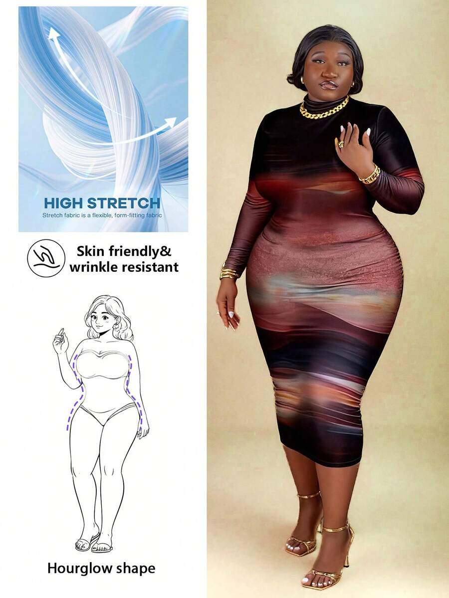 CurvyTilda Slaydiva Brushstroke 扎染印花休闲简约大码长袖圆领修身连衣裙，适合派对、秋冬穿着 - 彩色 - 查看 1