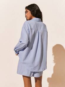 Poéselle Light Blue Striped Two Piece Set - Button Up Shirt And Drawstring Shorts For Effortless Summer Outfits,Two Piece Matching Co-Ord For Summer Lounge And Casual Days,Women's Casual Commuter Striped Shirt And Shorts 2 Pieces Set,Casual Blouses For Women,French Style Two Piece Set - Multicolor - View 2