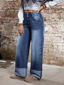 EMERY ROSE Quần jeans ống rộng nữ có túi và cúc, kiểu dáng thường ngày, đa năng, thích hợp đi làm. - Màu xanh lam - Xem 9