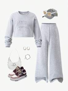 SHEIN Explorewe Tween-Mädchen Lässiges All-Match-Set, vielseitig, für den Alltag, Schule, Sport, Straße, verwaschener Schnee, Blumendruck, lockeres Crop-Sweatshirt + Hose mit weitem Bein