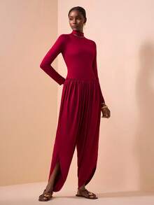 Zivah Elegant Burgundy Autumn Dining Jumpsuit,Slim Fit Stand Collar Front Cutout Long Sleeve Waist Cinching Lantern Pants,Western Bohemian Party Wedding - Burgundy - View 4