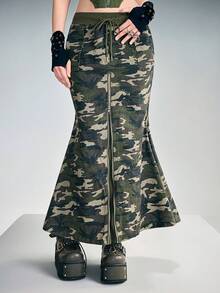 ROMWE Grunge Punk Chân váy đuôi cá xẻ tà phối họa tiết rằn ri, kiểu dáng Y2K gợi cảm dành cho nữ. - xanh quân đội - Xem 5