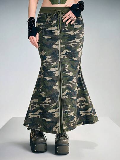 Grunge Punk Jupe moulante fendue à ourlet de sirène en patchwork côtelé camouflage Y2K pour femmes