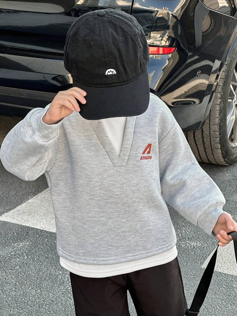 SHEIN 男童休闲字母印花撞色长袖卫衣 - 灰色 - 查看 1
