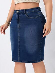 EMERY ROSE Plus Size Women's Vintage Washed Denim Mini Skirt, Spring/Summer - Dark Wash - View 7