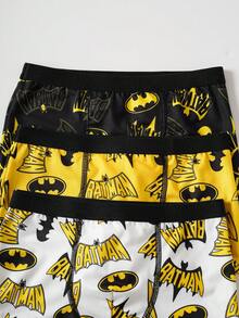 BATMAN X SHEIN 3件装男童蝙蝠标志印花撞色织带腰部缝线细节舒适平角内裤