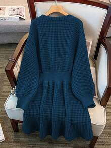 GlowEve CURVE Plus Size V-Neck Lantern Sleeve A-Line Thick Drawstring Knitted Sweater Dress, Solid Color, Winter - Royal Blue - View 2