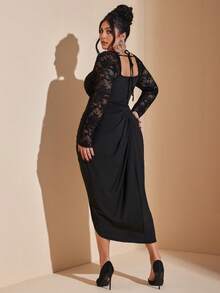 SHEIN BAE 大码女式深V领长袖缎面蕾丝拼接镂空花卉荷叶边黑色中长连衣裙，优雅复古休闲派对鸡尾酒礼服，适合圣诞节、情人节等场合。 - 黑色 - 查看 2