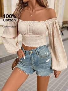 Brillora 露肩荷叶边灯笼袖短款衬衫，适合夏季度假，长袖上衣 - 卡其色 - 查看 6