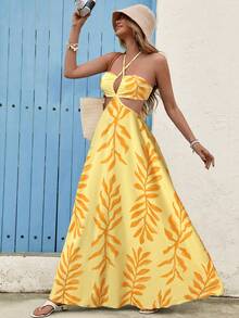 Vivid Eden 女士露背吊带镂空A字印花休闲度假连衣裙 - 鵝黃色 - 查看 3